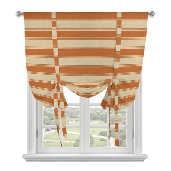Terracotta Orange Stripes Tie Up Curtains for Windows, Adjustable Balloon Window Shades, Modern Striped Cream Kitchen Window Treatments Farmhouse Short Curtains with Rod Pocket 42"x45"