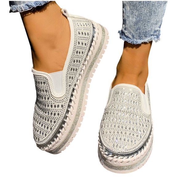 Womens Rhinestone Thick Sole Loafers Glitter Fashion Slip-On Sparkle Bling Sequin Sneakers Casual Walking Flat Shoes Silver 6