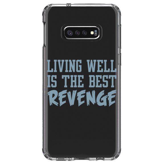 DistinctInk Clear Shockproof Hybrid Case for Samsung Galaxy S10e (5.8" Screen) - TPU Bumper Acrylic Back Tempered Glass Screen Protector - Living Well is The Best Revenge