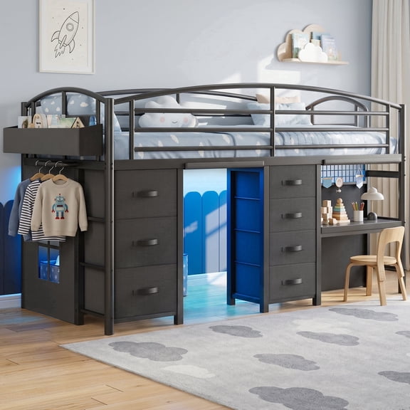 HiJob Twin Low Loft Bed for Kids with 7 Storage Drawers, Desk, LED Lights & Cozy Privacy Curtain – Sturdy Metal Frame, 13.8" Safety Guardrail, Black