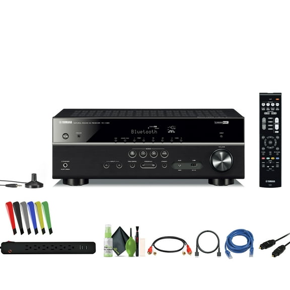 Yamaha RX-V385 5.1-Channel Surround Sound 4K Ultra HD AV Receiver with Bluetooth Home Theater System Bundle With Accessories