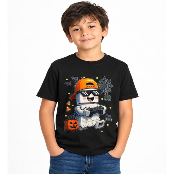 Halloween Building Block Robot Gamer with Pumpkin T-Shirt for Boys, Cute Graphic Short Sleeve Shirt for Autumn Seasonal Wear