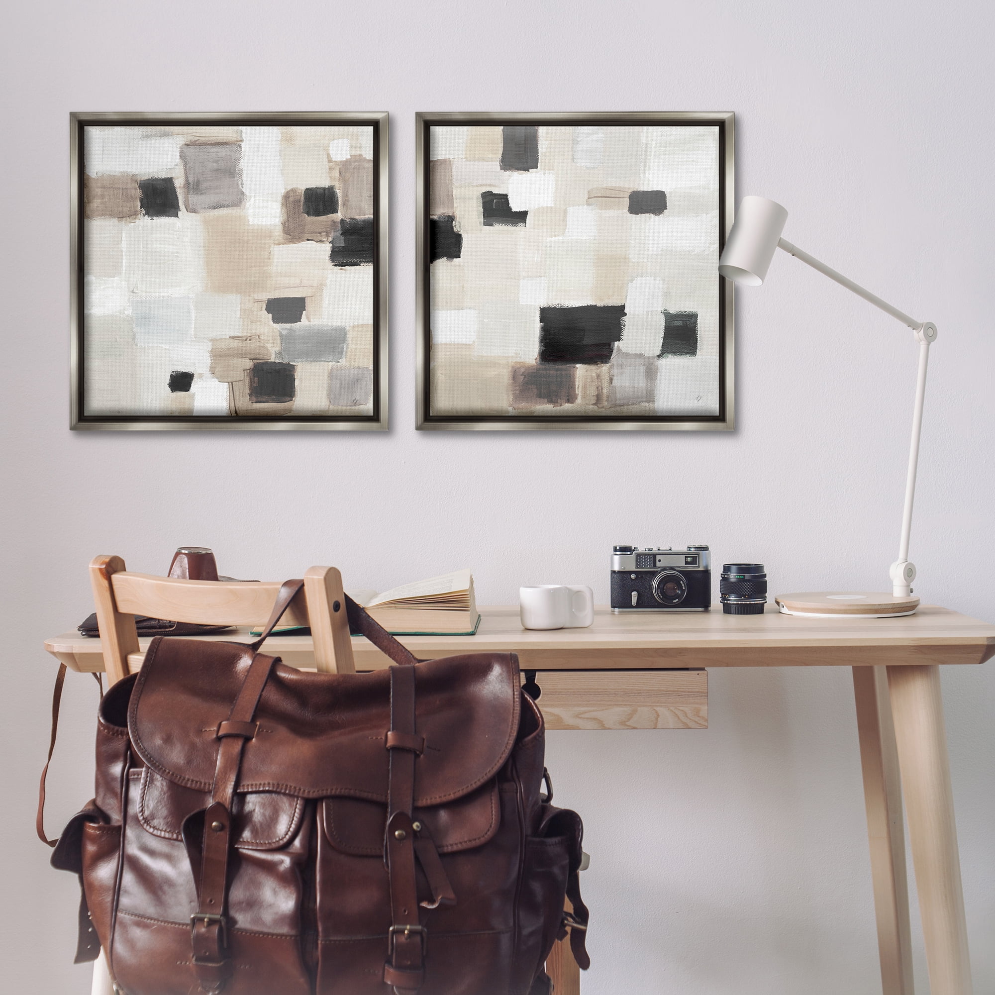 Stupell Industries Neutral Patchwork Squares Abstract Painting Gray Floater Framed Canvas Art Print Wall Art, 25 x 25, Set of 2