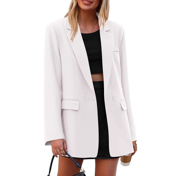 Fall Blazer for Women Business Casual Long Sleeve Lapel Pockets Dressy Suit Jackets Work Office Clothes White S