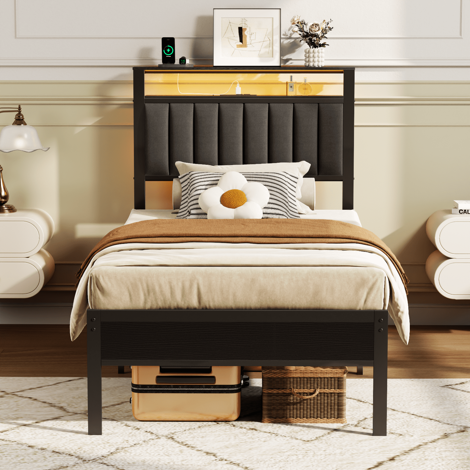 Glozzt Twin LED Bed Frame with Smart RGB Lights, Headboard Charging Station, Versatile Storage Solution, Comfortable Upholstered Backrest, No Box Spring Needed