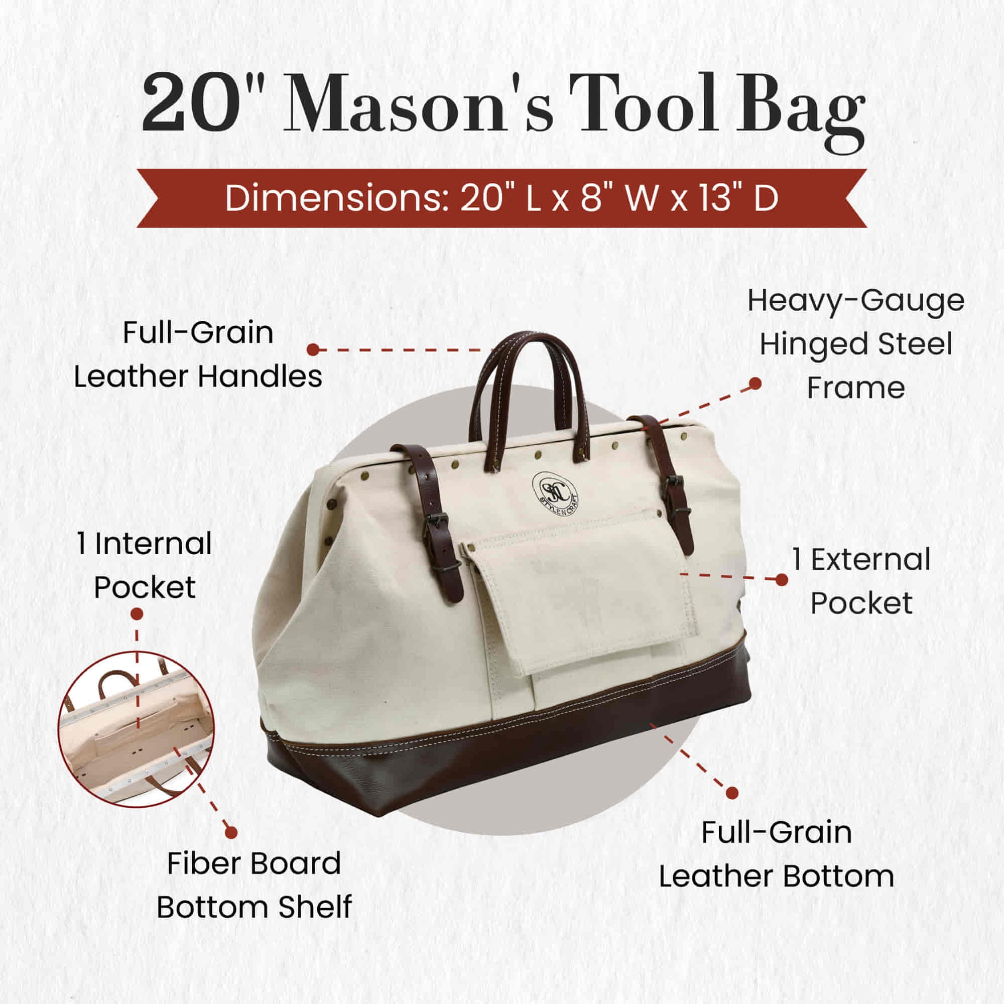 97517 - 20 Inch Mason's Canvas Tool Bag with Full Grain Leather Bottom | Style n Craft