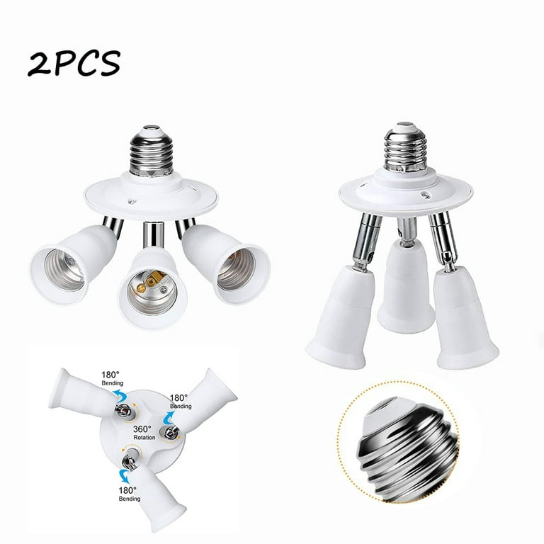 LNGOOR 2Pcs E27 Light Bulb Socket Adapter Splitter to 3 Heads White Finish  with Fully Adjustable Angles for Wide Coverage, Indoor and Outdoor Use for