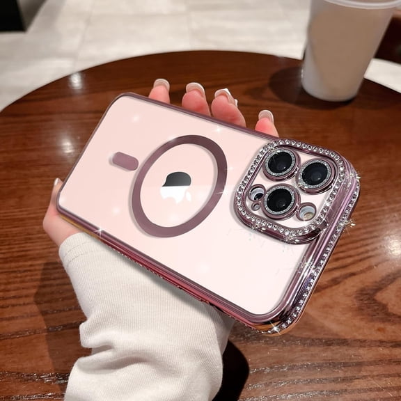 Magnetic Clear for iPhone 14 Pro Max Case, [Strong Magnetic] [Sparkle Diamond Camera Lens Protector] for Magsafe Women Girls Men Protective Case for iPhone 14 Pro Max (6.7")-Pink