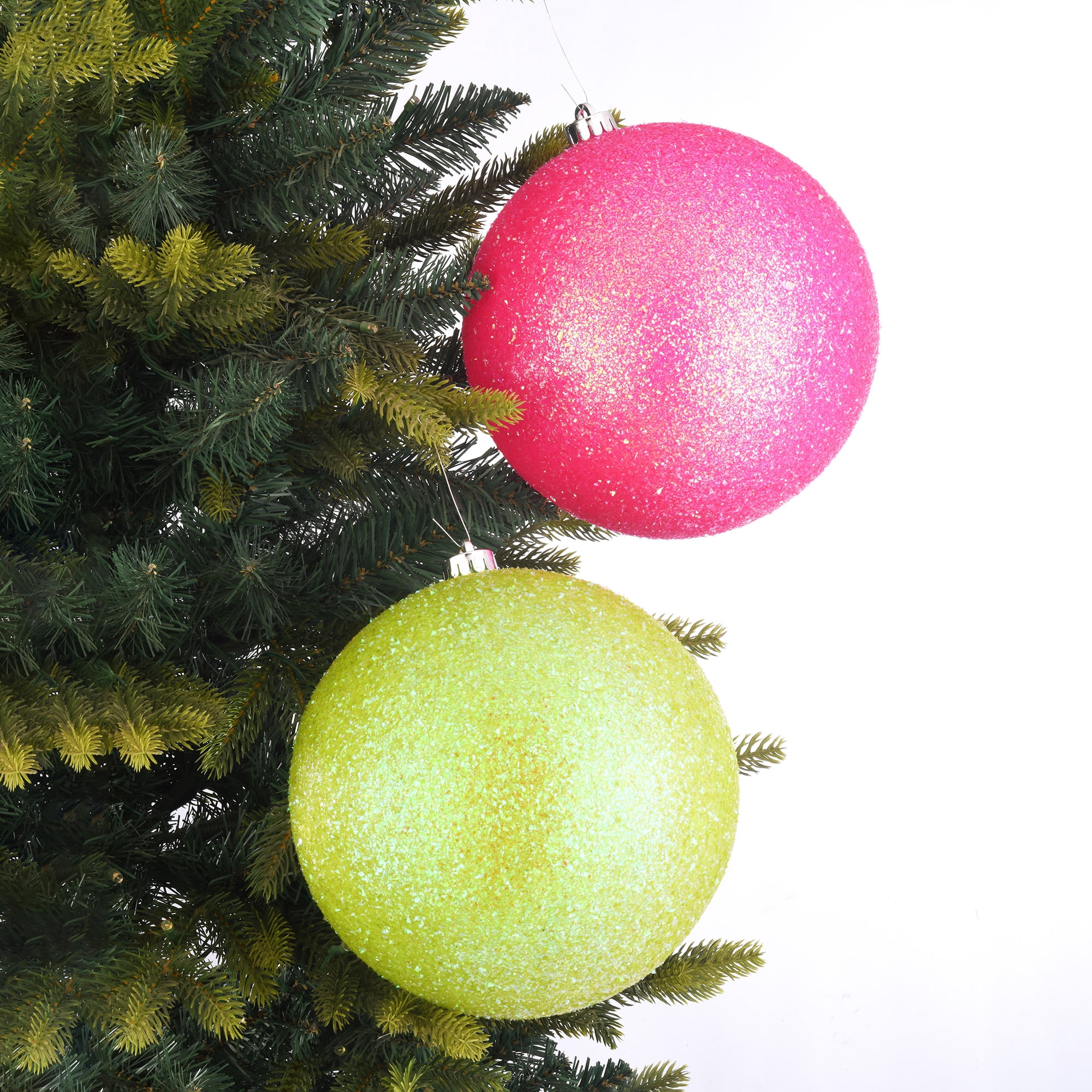 2-Count Pink and Lime Green Glitter Jumbo Shatterproof Ball Christmas Ornaments, 8 in, by Holiday Time