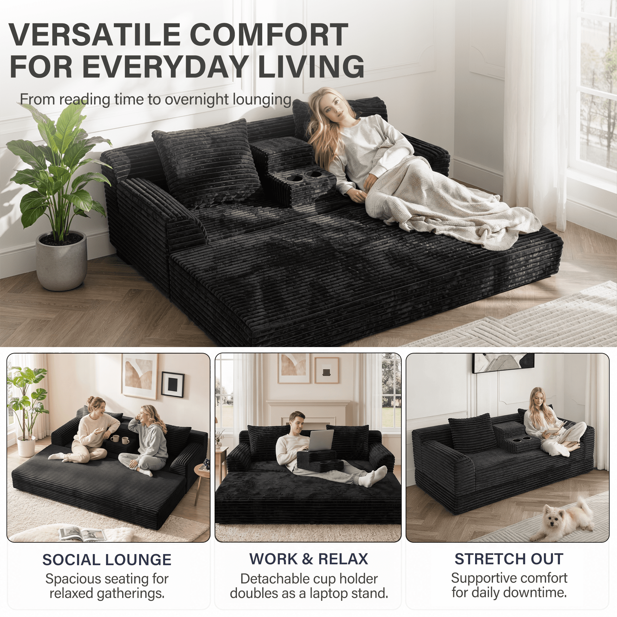 Leumius Futon Sofa Bed,Folding Boneless Couch with Cup Holders，Chenille Pull Out Sofa Bed with 2 Pillows or Living Room & Bedroom,Black