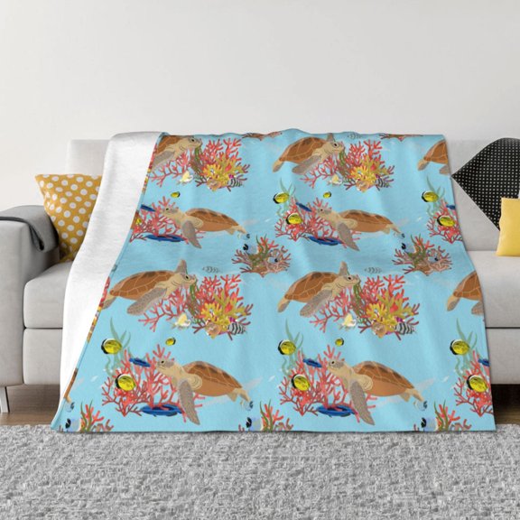 Rateoe Turtles And Corals Pattern Flannel Throw Blanket, Ultra-soft Blanket for Bed, Couch, Car, Hypoallergenic Anti-pilling blanket-