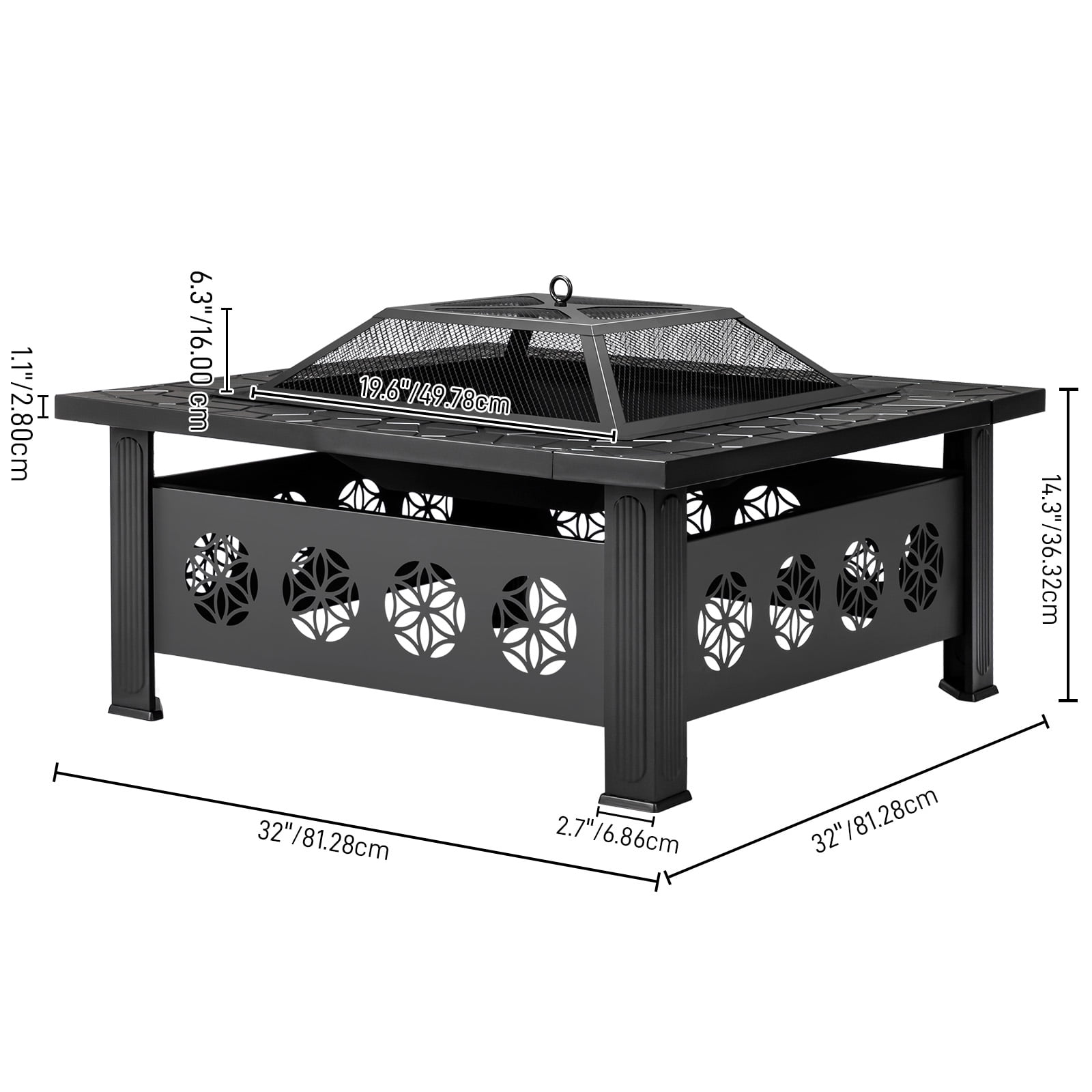 32 Inch Square Outdoor Wood Burning Fire Pit Table, Heavy Duty Wrought Iron Firepit with Pyramid Spark Screen Lid & Fire Poker, Decorative Floral Cutout Patio Fire Pit for Backyard, Garden, Lawn
