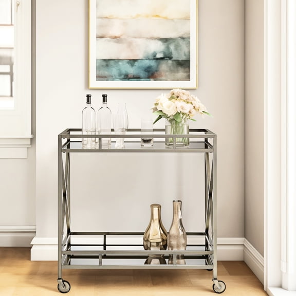 Metal Serving Cart With Mirrored Top And Antique Gold, Open Storage Shelf Gold Finish Compartment