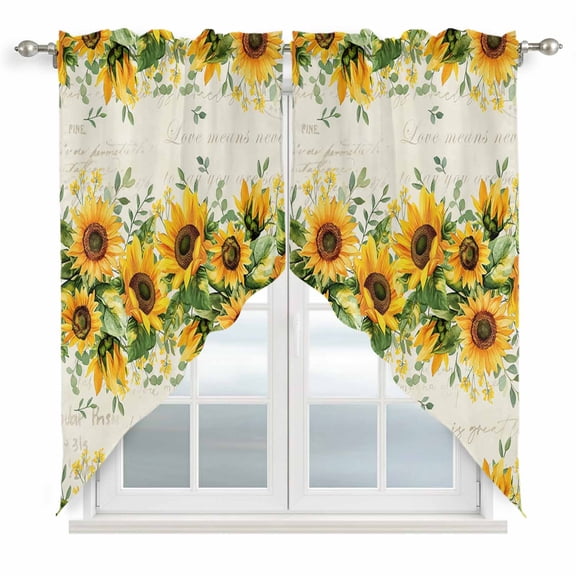 Sunflower Kitchen Window Curtains, Swag Curtains Valance for Bedroom Living Room Bathroom, Country Botanical Yellow Green Floral Leaf Rod Pocket Window Treatment Curtain Block Drapes 2 Panels 28"x36"