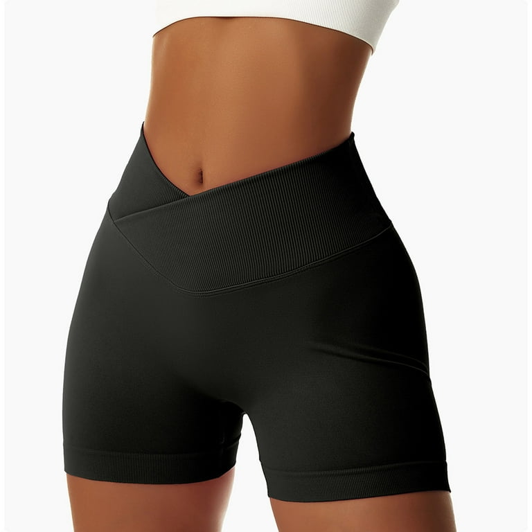 YYDGH Women's Crossover Biker Shorts Workout High Waisted Yoga Athletic  Running Gym Spandex Shorts with Side Pockets Black S