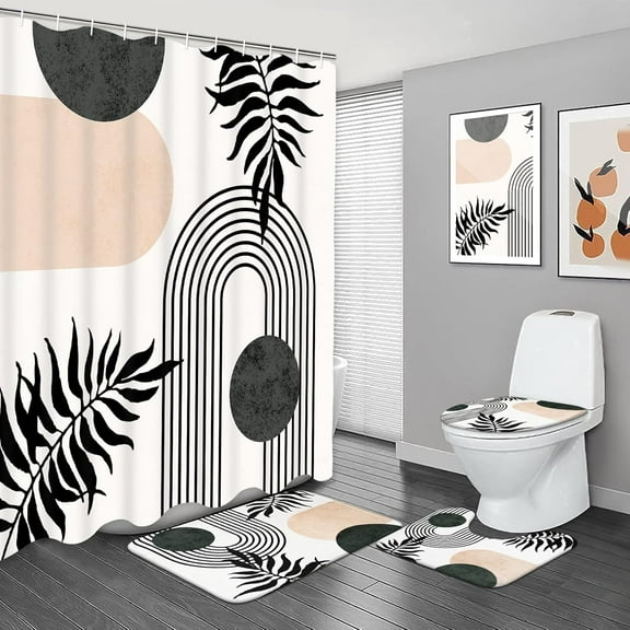 Black and White Boho Bathroom Shower Curtain Sets with Non-Slip Rug, Toilet Lid Cover and Bath Mat, Mid Century Shower Curtain Set with Hooks, Waterproof Pink Modern Abstract Bathroom Set