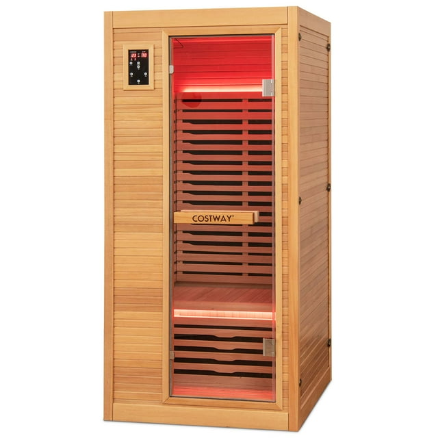 Costway 1 Person Far Infrared Wooden Sauna Room with Bluetooth Speakers, 9 Carbon Heaters