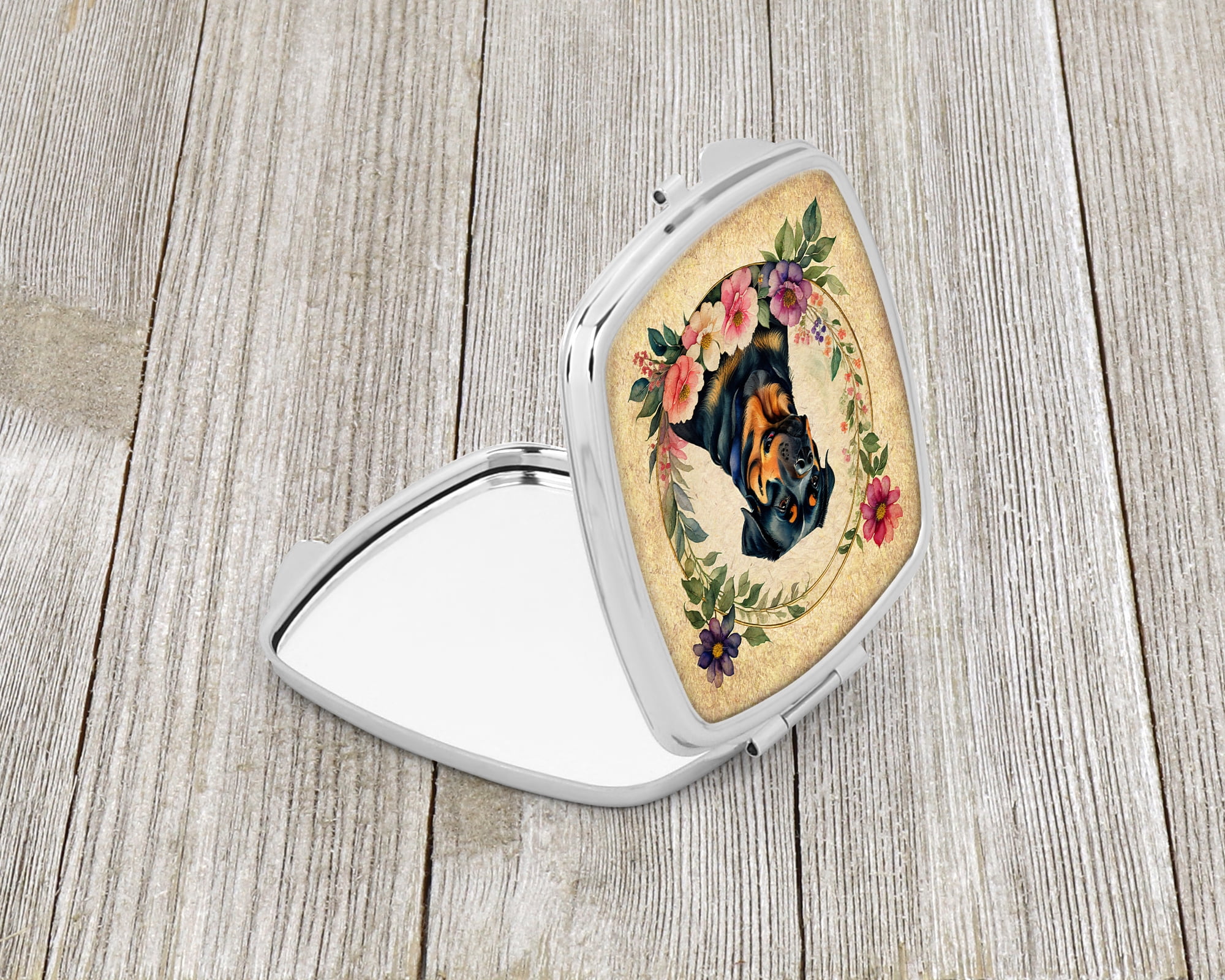 Rottweiler and Flowers Compact Mirror 2.75 in x 3 in