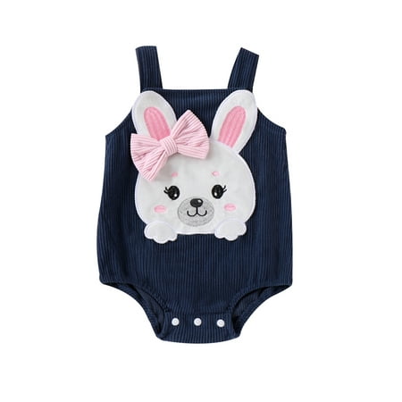 

Co.MMehjri Baby Girl Easter Tank Romper Cute Sleeveless Square Neck 3D Bow Rabbit Patch Ribbed Jumpsuit Infant Toddler Overalls