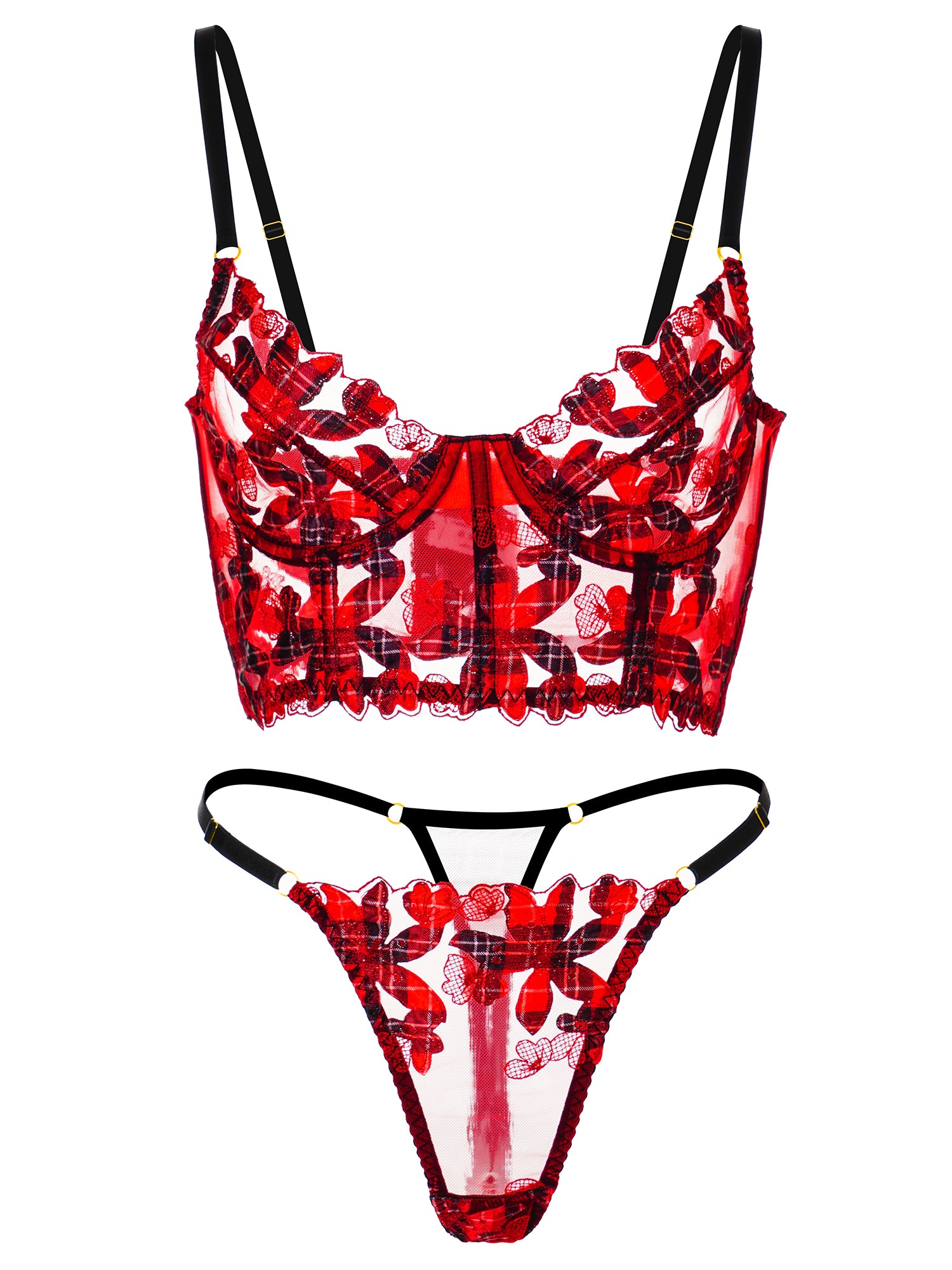 Red Tartan Flower Lingerie Set (RED, M+)