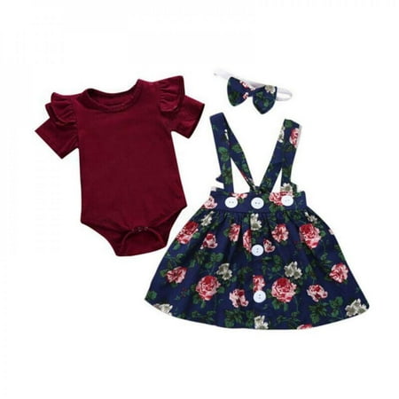

Moresave 3Pcs/set Autumn Baby Clothes Sets Newborn Girl Clothing Set Romper Floral Print Skirt Headband Baby Girl Clothes Navy Blue 100