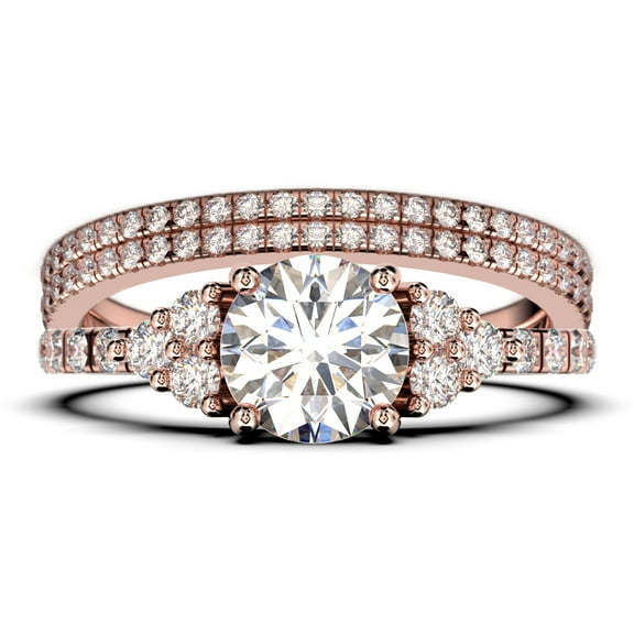 Beautiful Mid-century 2.25 Carat Round Cut Diamond Moissanite Engagement Ring, Wedding Ring in 925 Sterling Silver With 18k Rose Gold Plating, 7 Stone Ring, Trio Set, Matching Band