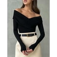 thumbnail image 6 of FEORJGP Women Long Sleeve T-Shirts  V-Neck Off Shoulder Shirts Solid Color Front Cross Slim Fit Short Tops Streetwear Daily for Spring Fall, 6 of 9