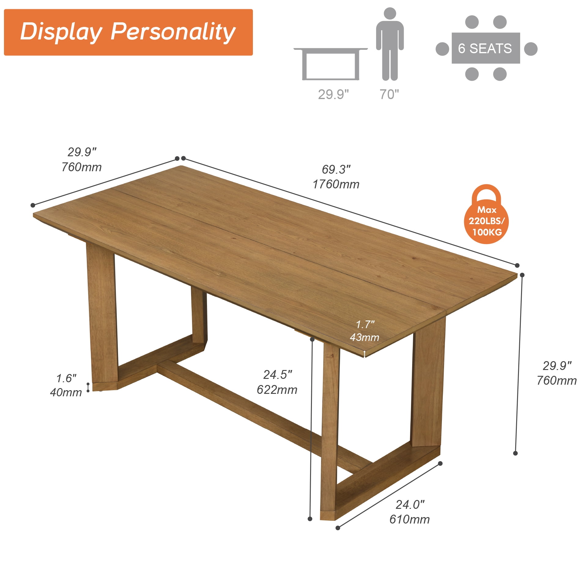 Rectangular Wooden Dining Table for 4-6, Rustic Kitchen Table with Solid Wood Trestle Base, Vintage Brown