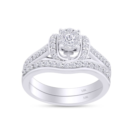 AFFY Round Shape White Cubic Zirconia Bridal Cluster Halo Engagement Ring In 10K Solid White Gold (0.75 cttw) Ring Size-4