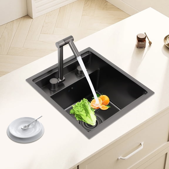 16.92*15.35*9.06in Stainless Steel Hidden Kitchen Black Large&Deep Sink Water Sink with Folding Faucet