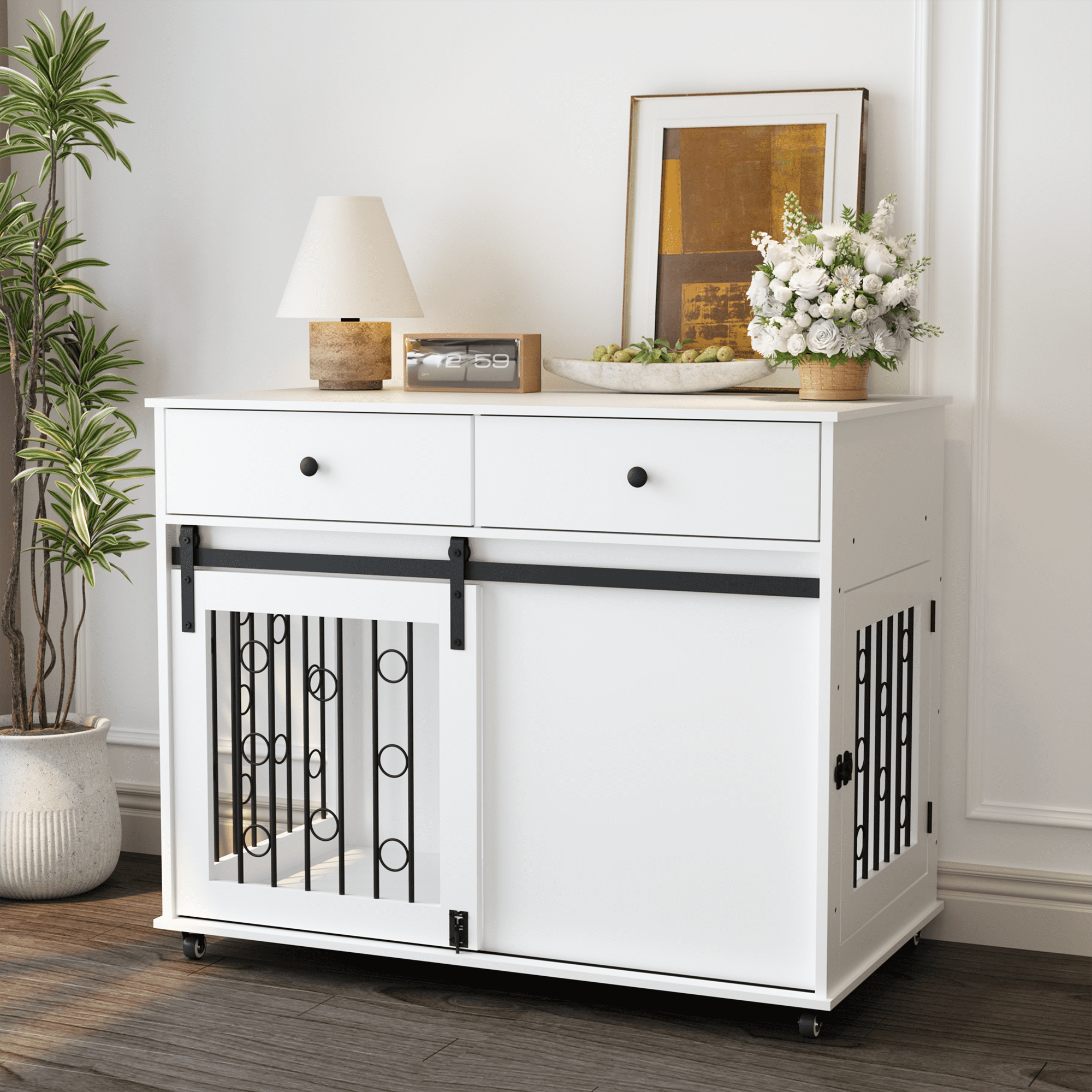 Modern Wooden Dog Crate Furniture, 39.37 Inch Decorative Pet Kennel End Table with Sliding Barn Door, Double Storage Drawers & Lockable Wheels, Stylish Dog Cage for Small Medium Dogs, White