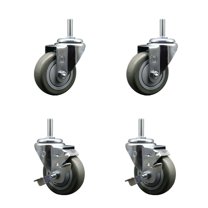 3.5 Inch Gray Poly Wheel Swivel 5/8 Inch Threaded Stem Caster Set 2 Brakes