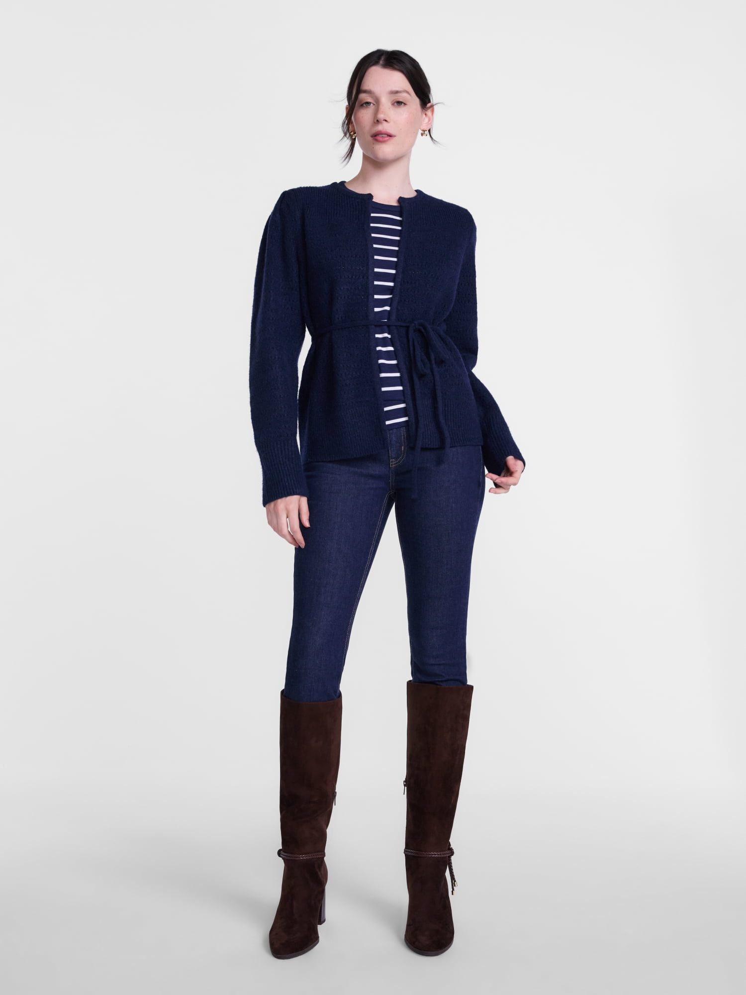 Scenario Women's and Women's Plus Open Tie Cardigan Lightweight Sweater with Long Sleeves, Sizes XS-4X