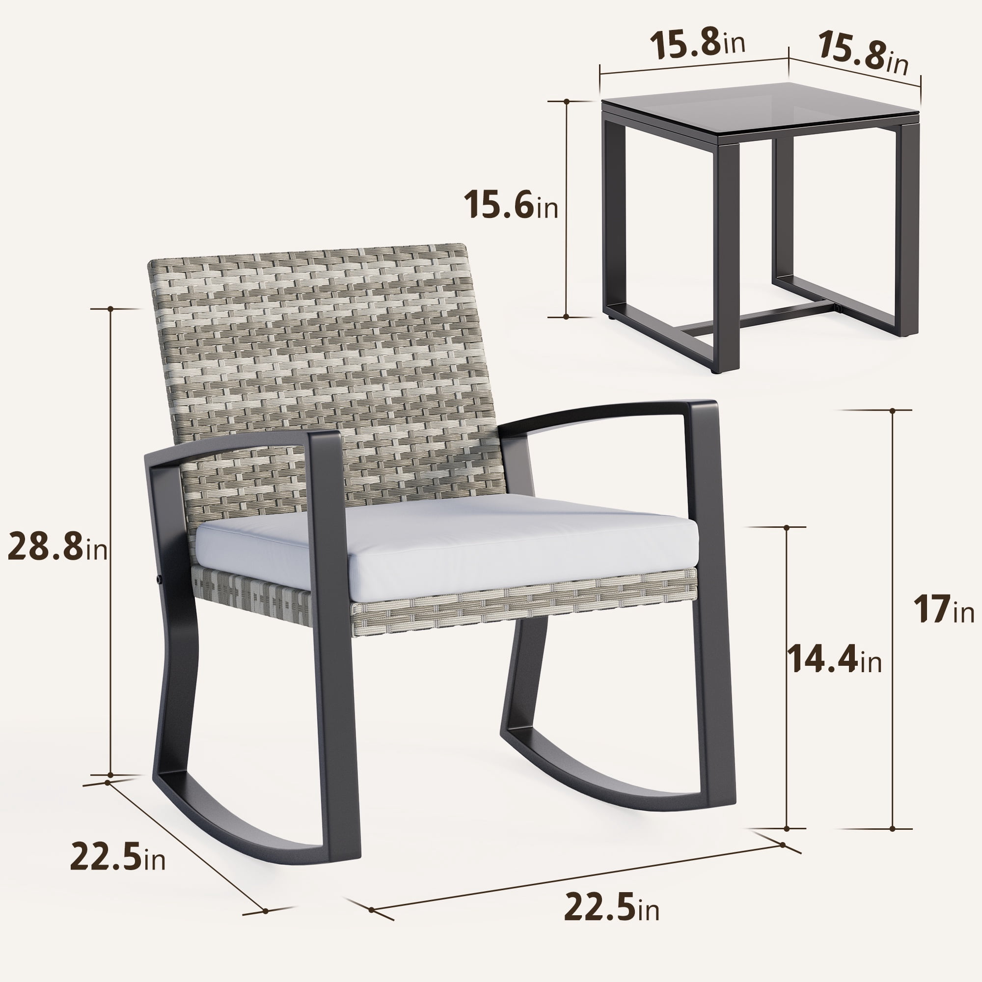 Asofer Patio Furniture Set, Rattan Rocking Chair with Coffee Table, for Bistro, Conversation, Garden, Balcony, Backyard, Mixed Color