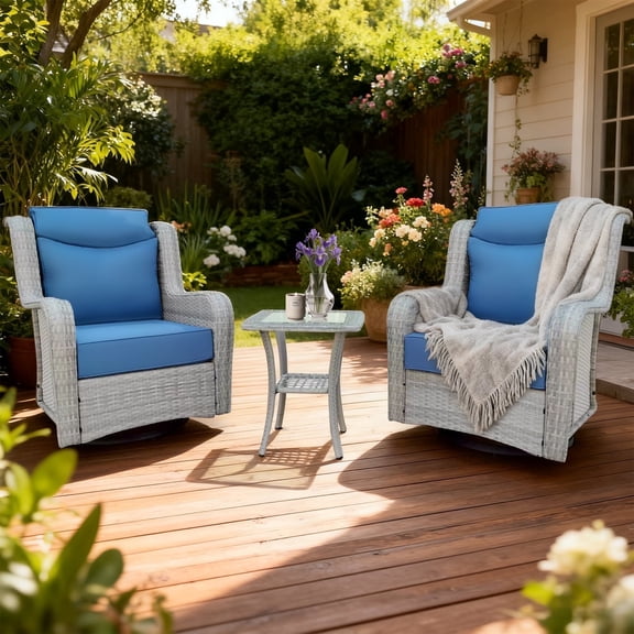 3 Piece Wicker Patio Chairs Swivel Rocker with Cushion