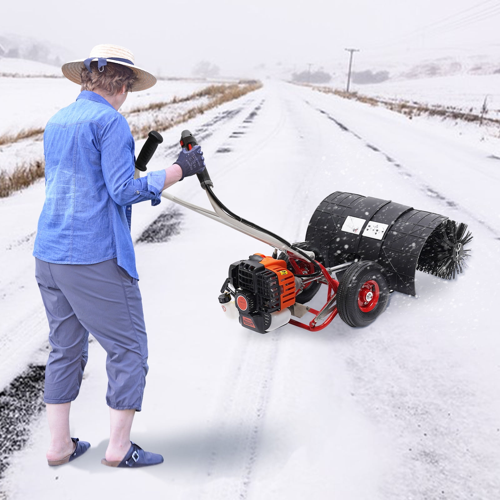 TFCFL 52CC 2.5HP 2 Stroke Gas Power Sweeper Broom Driveway Turf Grass Snow Cleaning Machine Hand Start