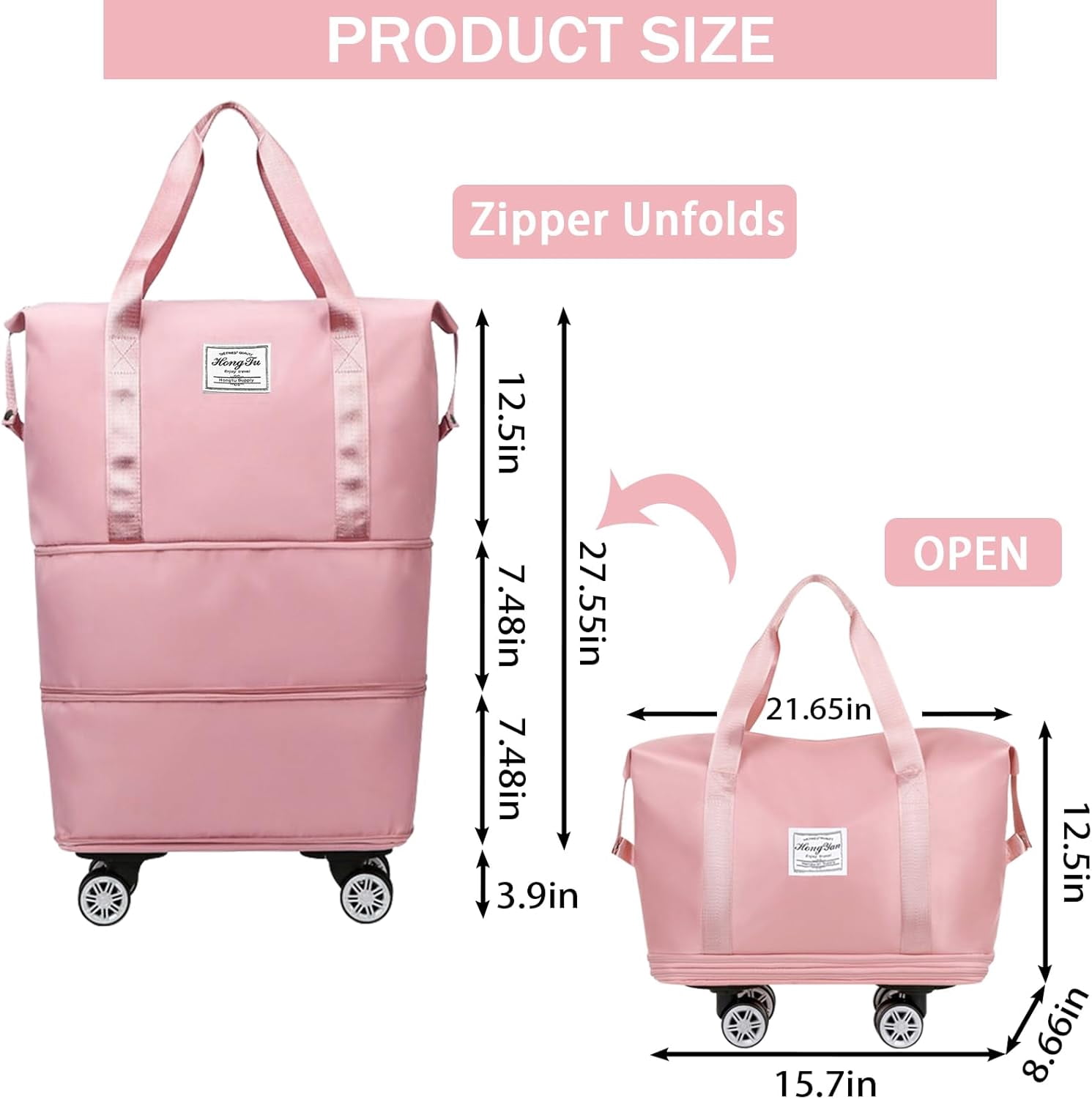 Travel Bag,Folding Expandable Suitcase with Wheels, Weekender Travel Bag for Carry-On, Tote Bag with Storage Space，Large luggage bag for Business Trips, Camping, Short Trips, Fitness