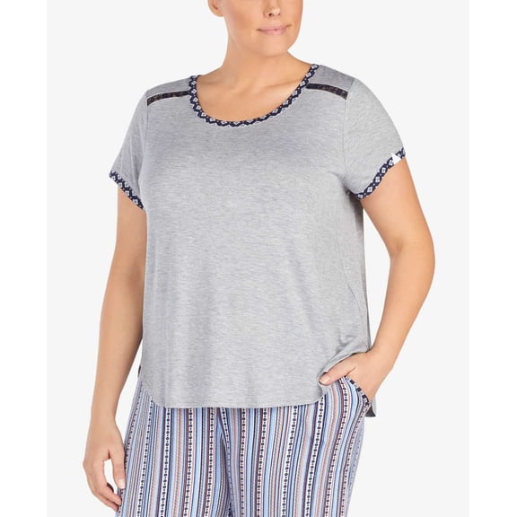 Layla Womens Plus Size Contrast-Trim Lace-Trim Pajama Top (Grey Heather, 1X)
