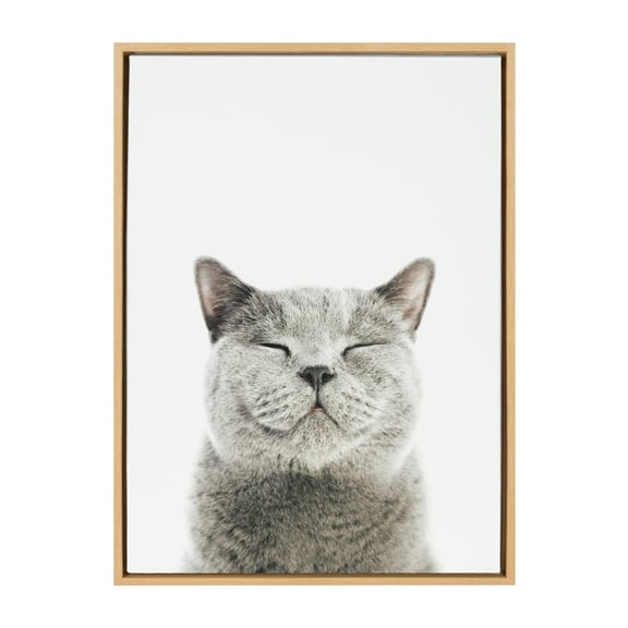 Kate and Laurel Sylvie Smiling Cat Framed Canvas Wall Art by Amy Peterson, 18x24 Natural, Adorable Animal Wall Decor