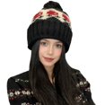 thumbnail image 2 of Women's Fair Isle Pom-Pom Knit Hat, Slouchy Winter Beanie with Ear Flaps, Warm Fairisle Patterned Hat, Cold Weather Slouch Cap, Slimming Face Wool Hat, Unisex Design - Black, 2 of 4