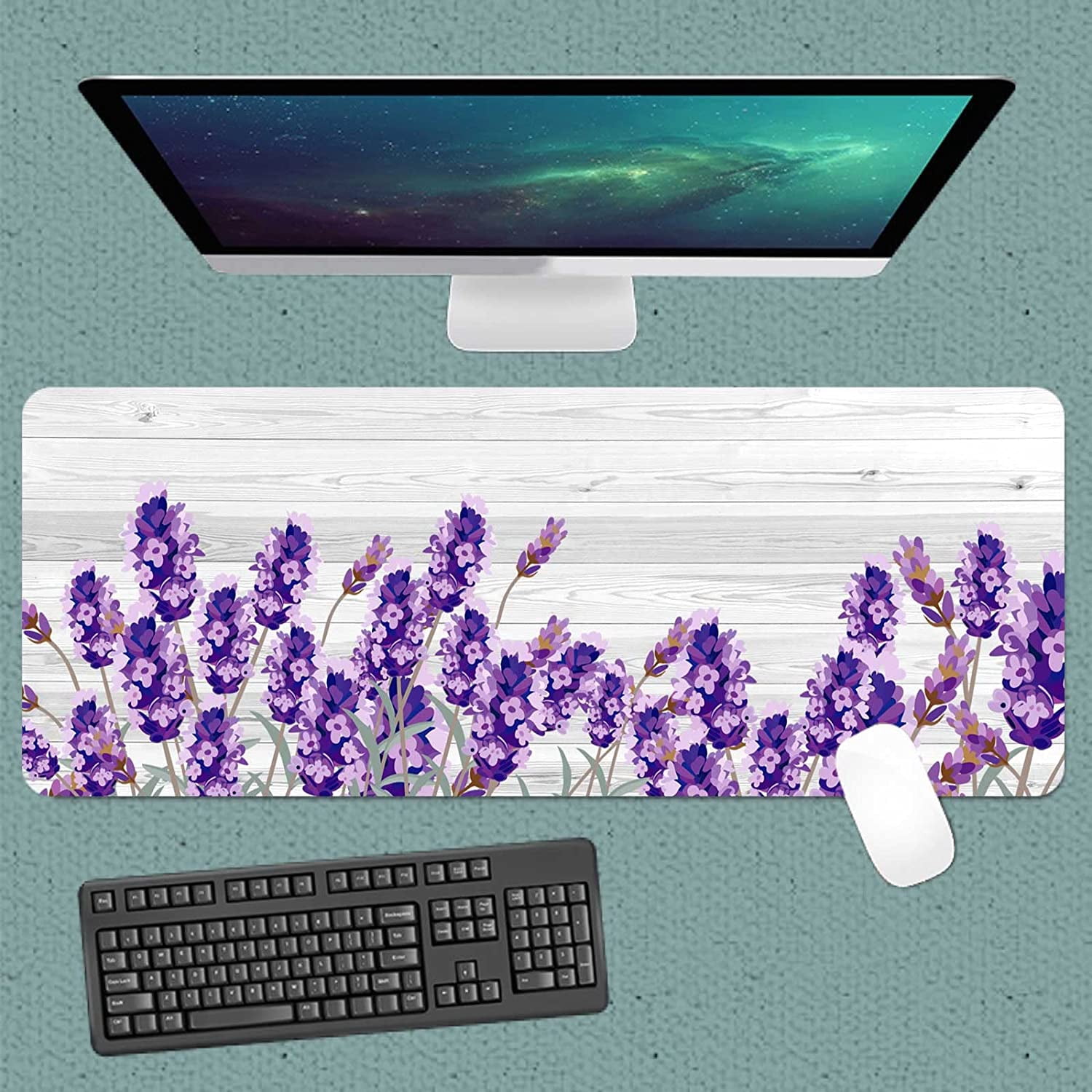 Mouse Pad Purple Floral Design Large Computer Mousepad for Office Desk, White Wood Pattern Gaming Mouse Mat Non-Slip Nature Rubber Desk Decor Long Pad for Wireless Mouse Laptop 31.5x11.8 Inch BDZZSE10