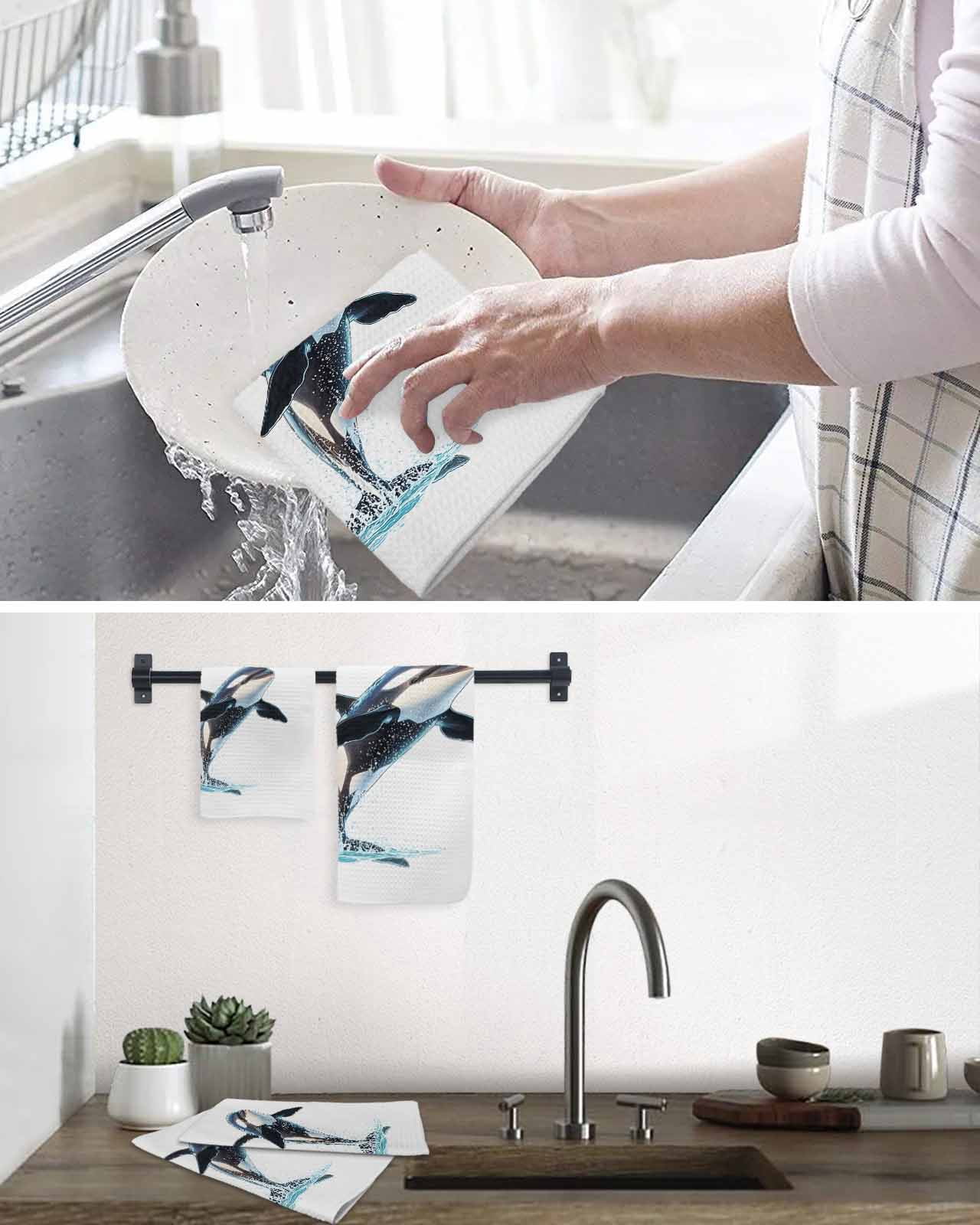 Cute Killer Whale Hand Towels Set, Waffle Weave Kitchen Towels 2 Pieces, Orca Animal Ocean Retro Artwork Microfiber Hair Face Bath Tea Towel Absorbent Quick Drying Cleaning Dish Cloths, 15.7"x23.6"