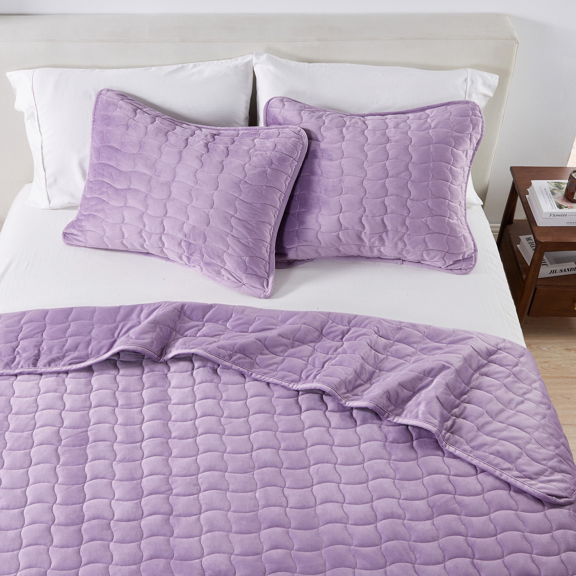 Dual-Sided Velvet Box-Stitched Heavyweight 2-Piece Twin Quilt Set, Lavender
