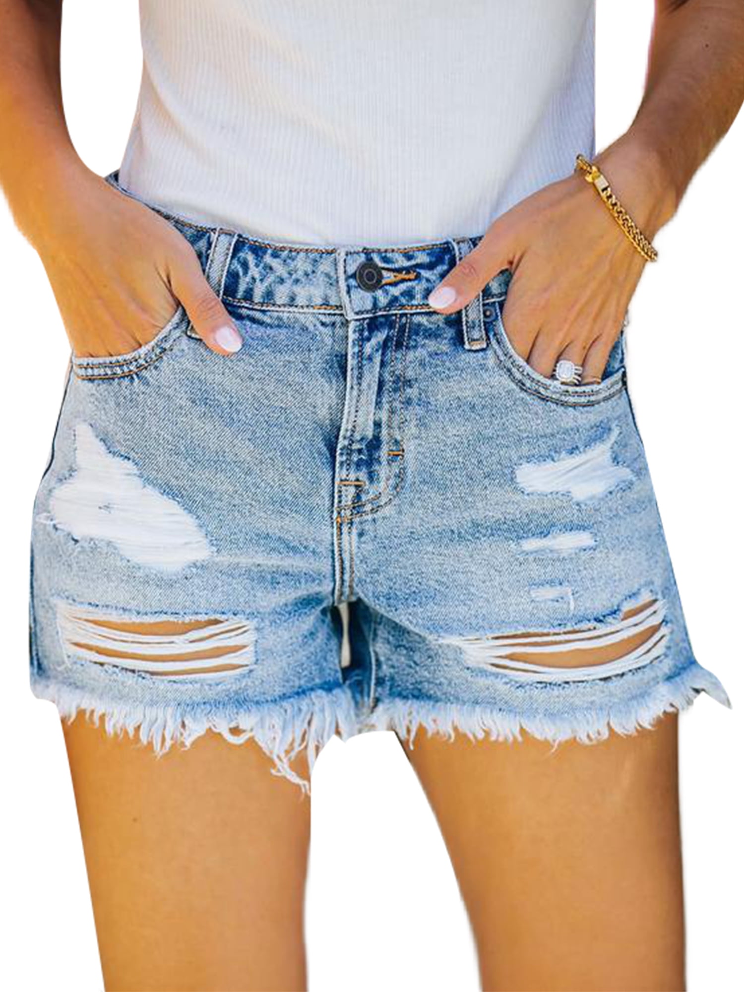 Frontwalk Women Ripped Button Jeans Shorts Mid Rise Mini Bottoms Raw ...
