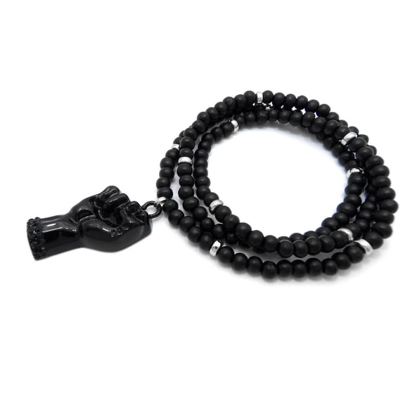 Black Plated Power Rising Fist Pendant & 6mm 26" Silver Black Wooden Beads Hip Hop Necklace