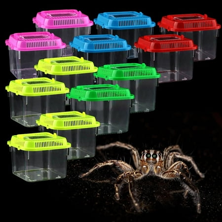 XD2-12 Pack Plastic Reptile Carrier Cage Breeding Box Hatching Container with Random Color Lid for Fish Shrimp Turtle Hermit Crab Spider Snake Bearded Dragon Lizard (4.7 x 4.7 x 3.9*2