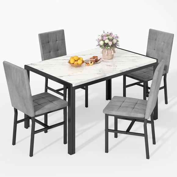 Lamerge 4 person kitchen dining table set, marble dining table and chairs with 4 PU leather chairs, suitable for apartment, kitchen, dining room, breakfast corner, small space use.