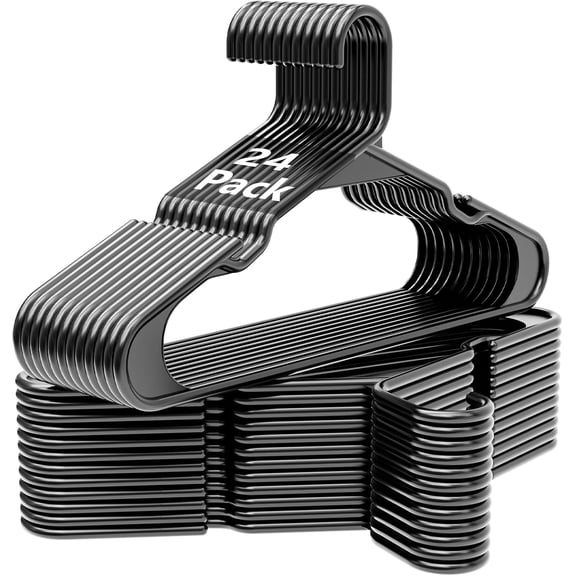 UEAKPIC Plastic Hangers 24 Pack, Space Saving Heavy Duty Clothes Hangers with Shoulder Grooves for Adults, Black