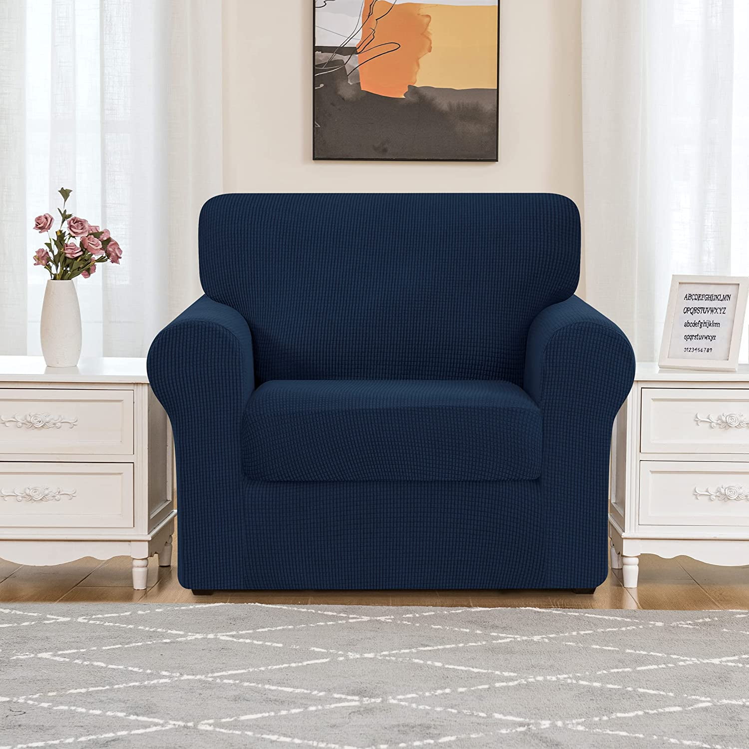 Subrtex Sofa Slipcover Sets 3 Pieces Stretch Couch Cover Backrest Cushion Covers (Armchair, Navy)