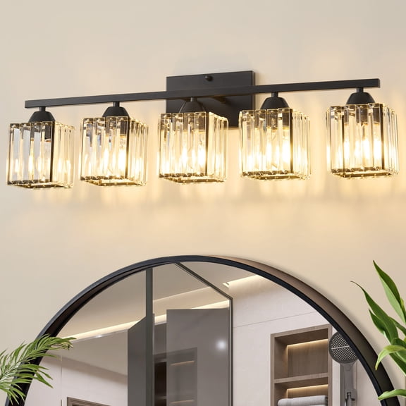 Deyidn 29.6" Modern Black Vanity Light, 5-Light Dimmable Bathroom Light Fixture with Square Crystal Shades, for Mirror Lighting, Bathroom Wall Sconce